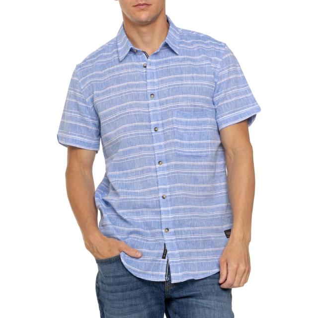 (取寄) ストライプド シャツ - リネン, ショート スリーブ SILVER JEANS CO Striped Shirt - Linen, Short Sleeve  Blue