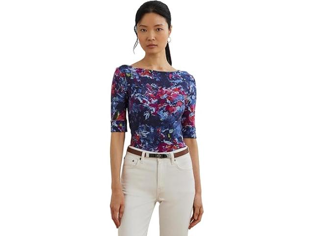 (取寄) ローレン ラルフローレン レディース プリント ストレッチ コットン ボートネック ティー Lauren Ralph Lauren women Print Stretch Cotton Boatneck Tee Blue Multi1