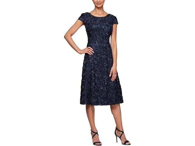 (取寄) アレックス イブニングス レディース ティー レングス A-ライン ロゼット ドレス Alex Evenings women Tea Length A-Line Rosette Dress Navy