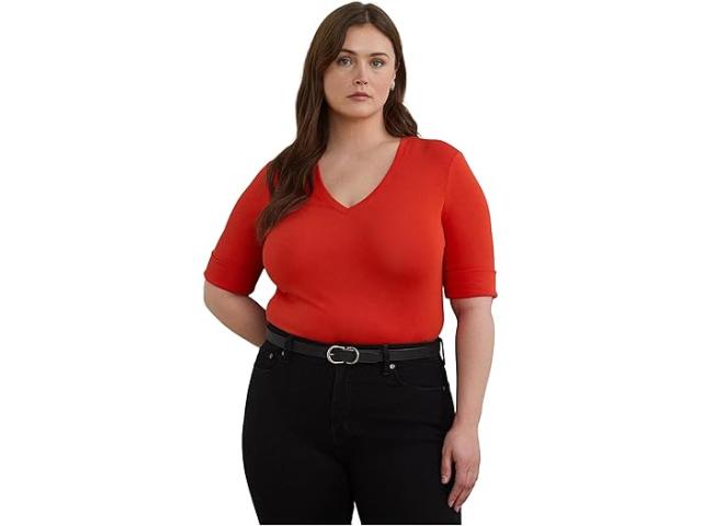 (取寄) ローレン ラルフローレン レディース プラス サイズ ストレッチ コットン エルボー-スリーブ V-ネック ティー Lauren Ralph Lauren women Plus Size Stretch Cotton Elbow-Sleeve V-Neck Tee Bright Vermilion