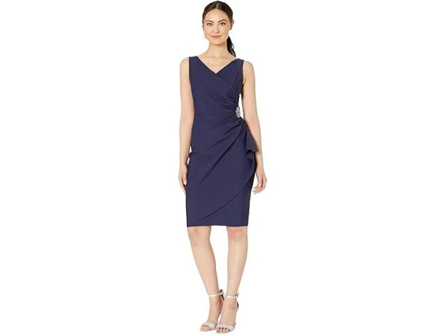 (取寄) アレックス イブニングス レディース ショート スリミング ドレス ウィズ サイド ルーシュド スカート Alex Evenings women Short Slimming Dress with Side Ruched Skirt Navy