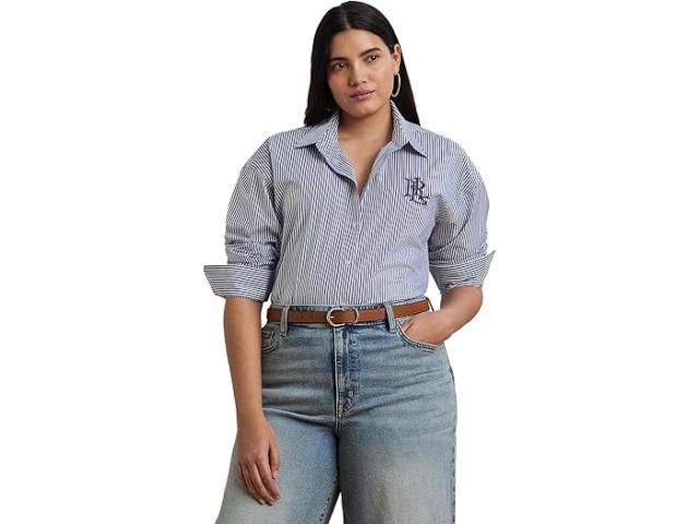 (取寄) ローレン ラルフローレン レディース プラス サイズ ロング スリーブ ボタン フロント シャツ Lauren Ralph Lauren women Plus Size Kotta Long Sleeve Button Front Shirt Blue/White