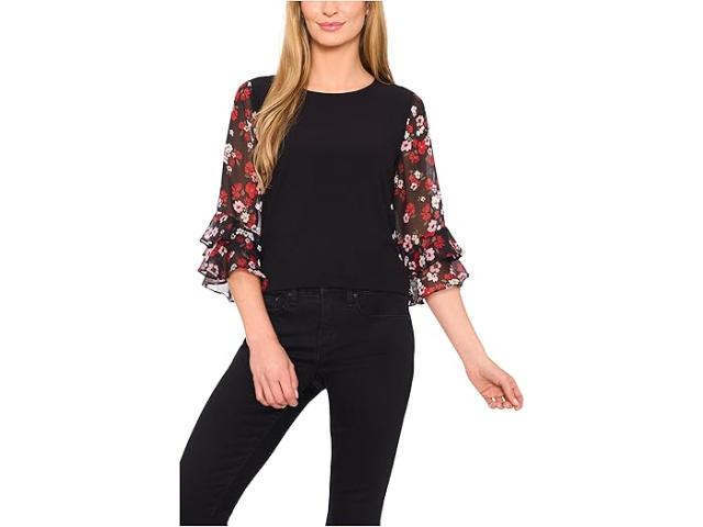 (取寄) シーシー レディース ダブル ラッフル ミックスド メディア ニット トップ CeCe women Double Ruffle Mixed Media Knit Top Rich Black