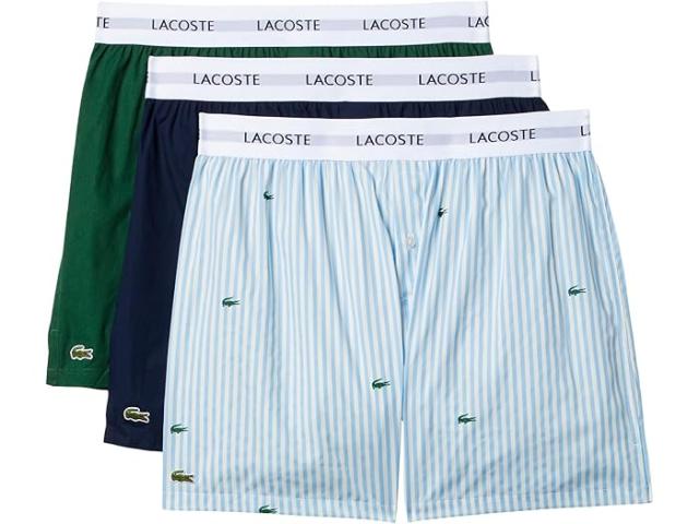 (取寄) ラコステ メンズ 100パーセント コットン ホワイト ベルト ボクサー 3-パック Lacoste men 100% Cotton White Belt Boxers 3-pack Blue W/White/Green/Navy Blue