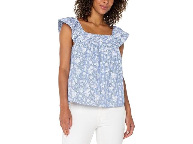 (取寄) リバプールロサンゼルス レディース ショート スリーブ スクエア ネック ウーブン ブラウザ Liverpool Los Angeles women Short Sleeve Square Neck Woven Blouse Blue White Floral Stripe