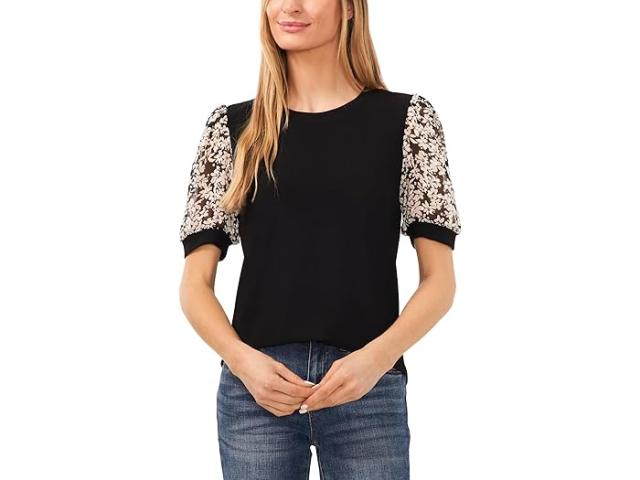 (取寄) シーシー レディース クルー ネック ミックスド メディア クレープ ニット ブラウザ CeCe women Crew Neck Mixed Media Crepe Knit Blouse Rich Black