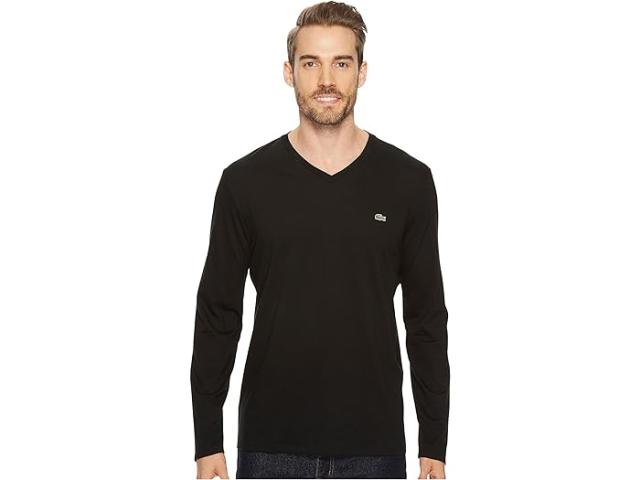 (取寄) ラコステ メンズ ロング スリーブ ピマ ジャージ V-ネック Tシャツ Lacoste men Long Sleeve Pima Jersey V-Neck T-Shirt Black