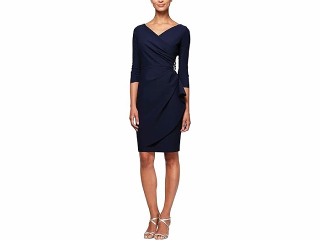(取寄) アレックス イブニングス レディース スリミング ショート シィース 3/4 スリーブ ドレス ウィズ サープラス ネックライン Alex Evenings women Alex Evenings Slimming Short Sheath 3/4 Sleeve Dress with Surplus Neckline Navyの通販は