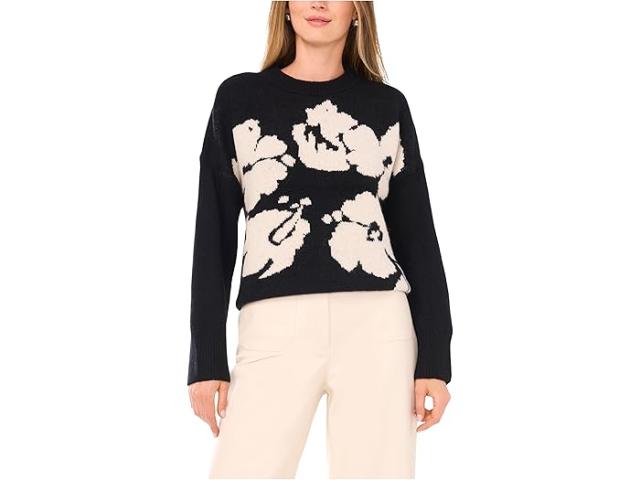 (取寄) ヴィンスカムート レディース フラワー モチーフ クルー ネック Vince Camuto women Flower Motif Crew Neck Rich Black