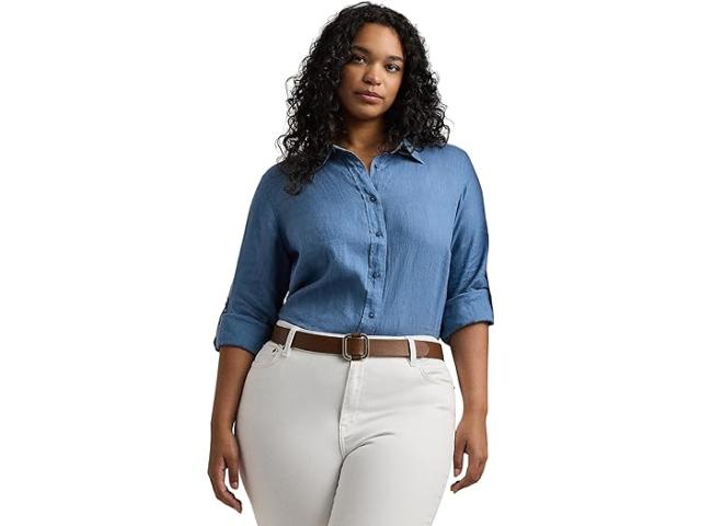 (取寄) ローレン ラルフローレン レディース プラス-サイズ リネン ロール タブ - スリーブ シャツ LAUREN Ralph Lauren women LAUREN Ralph Lauren Plus-Size Linen Roll TabSleeve Shirt Pale Azureの通販はブラウス