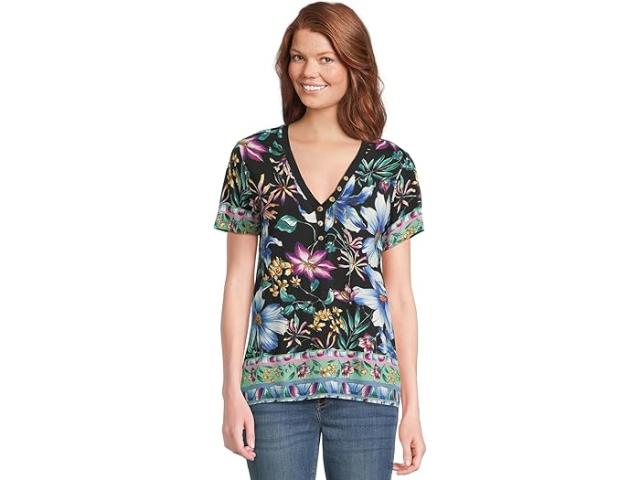 (取寄) ジョニー ワズ レディース ザ ジャニー フェーバリット ショート スリーブ ヘンリー ティー Johnny Was women The Janie Favorite Short Sleeve Henley Tee Jumuno Black