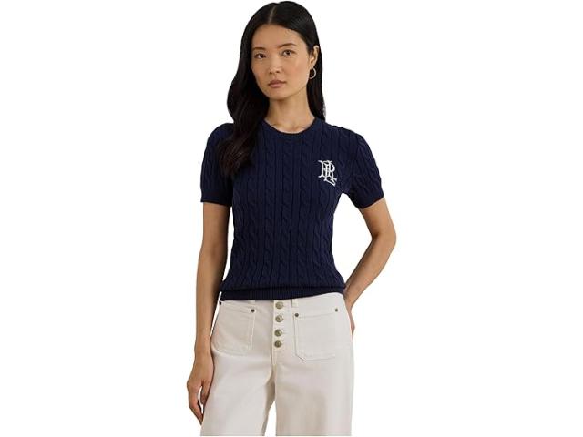 (取寄) ローレン ラルフローレン レディース ケーブルニット コットン ショート スリーブ セーター Lauren Ralph Lauren women Cable-knit Cotton Short Sleeve Sweater Refined Navy