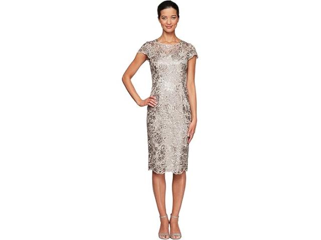 (取寄) アレックス イブニングス レディース ショート エンブロイダー キャップ スリーブ ドレス Alex Evenings women Short Embroidered Cap Sleeve Dress Taupe