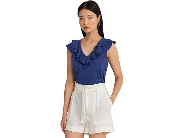 (取寄) ローレン ラルフローレン レディース ラッフル トリム スラブ ジャージ スリーブレス ティー Lauren Ralph Lauren women Ruffle Trim Slub Jersey Sleeveless Tee Indigo Sailの通販は