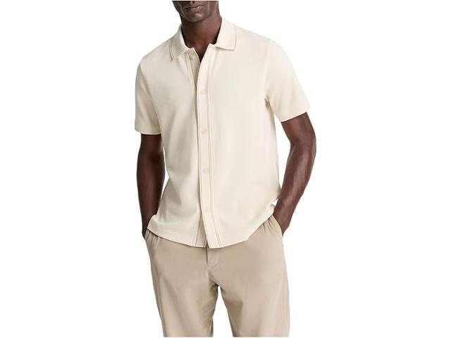 (取寄) ヴィンス メンズ ジャカード ニット ショート スリーブ ボタン フロント シャツ Vince men Jacquard Knit Short Sleeve Button Front Shirt Bone/ Sand