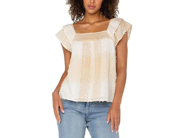 (取寄) リバプールロサンゼルス レディース ショート スリーブ スクエア ネック ウーブン ブラウザ Liverpool Los Angeles women Short Sleeve Square Neck Woven Blouse Brown Cream Chevron Stripe