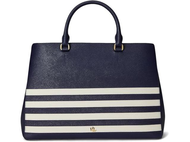 (取寄) ローレン ラルフローレン レディース ストライプド レザー ラージ ハンナ サッチェル Lauren Ralph Lauren women Striped Leather Large Hanna Satchel Refined Navy/Soft White