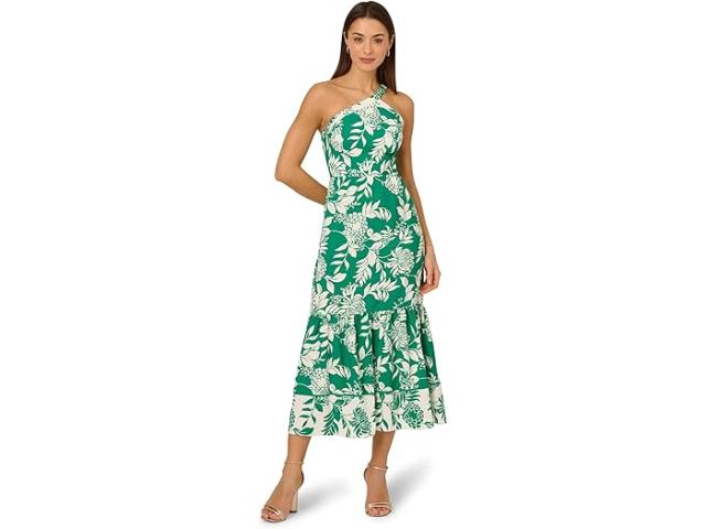 (取寄) アドリアナ パぺル レディース ワン ショルダー ミディ ドレス Adrianna Papell women One Shoulder Midi Dress Green/White