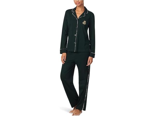 (取寄) ローレン ラルフローレン レディース ロング スリーブ ノッチ カラー ニット Pj セット Lauren Ralph Lauren women Long Sleeve Notch Collar Knit PJ Set Green