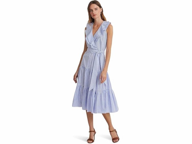 (取寄) ローレン ラルフローレン レディース ストライプド コットン ブロード サープリス ドレス LAUREN Ralph Lauren women LAUREN Ralph Lauren Striped Cotton Broadcloth Surplice Dress Blue/Whiteの通販は