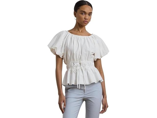 (取寄) ローレン ラルフローレン レディース アイレット コットン ボイル ペプラム ブラウザ Lauren Ralph Lauren women Eyelet Cotton Voile Peplum Blouse White