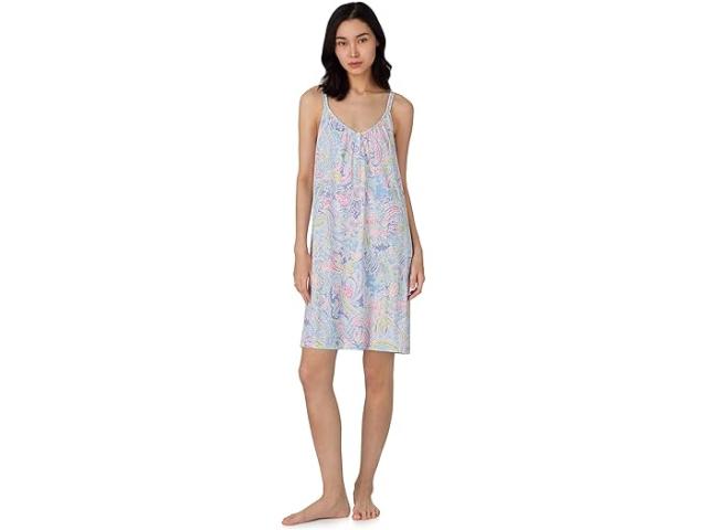 (取寄) ローレン ラルフローレン レディース ダブル ストラップ ボタン V-ネック ガウン Lauren Ralph Lauren women Double Strap Button V-neck Gown Blue Paisley