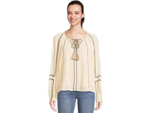 (取寄) リバプールロサンゼルス レディース ロング スリーブ ウーブン ラグラン ブラウザ ウィズ エンブロイダリー Liverpool Los Angeles women Long Sleeve Woven Raglan Blouse With Embroidery Alabaster/Black Embroidery