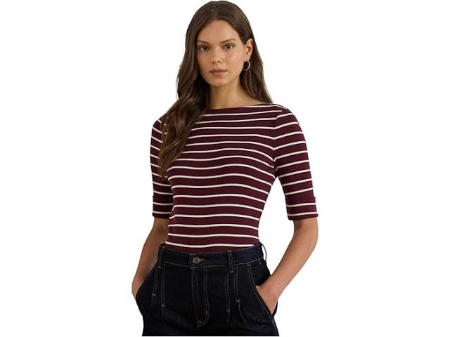 (取寄) ローレン ラルフローレン レディース ストライプド ストレッチ コットン ボートネック ティー Lauren Ralph Lauren women Striped Stretch Cotton Boatneck Tee Dark Garnet/Mascarpone Cream