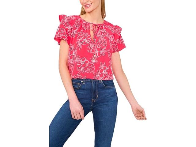 (取寄) シーシー レディース ショルダー スモッキング ラッフル スリーブ タイ トップ CeCe women Shoulder Smocking Ruffle Sleeve Tie Top Magenta