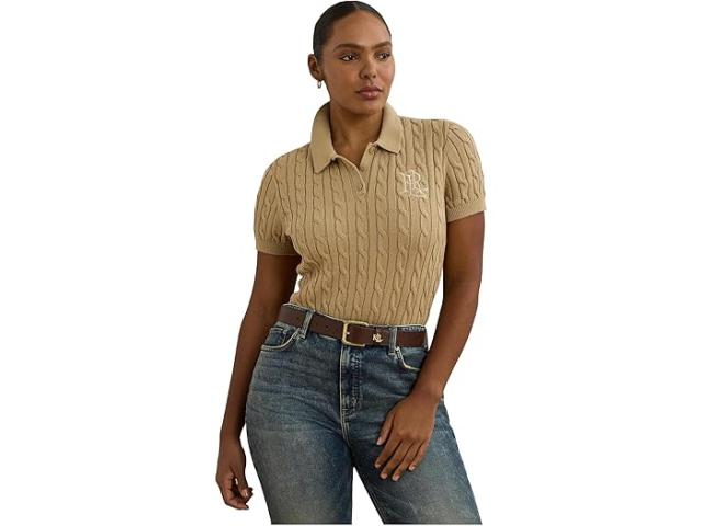 (取寄) ローレン ラルフローレン レディース プラス サイズ ケーブルニット コットン ポロ セーター Lauren Ralph Lauren women Plus Size Cable-Knit Cotton Polo Sweater Birch Tan