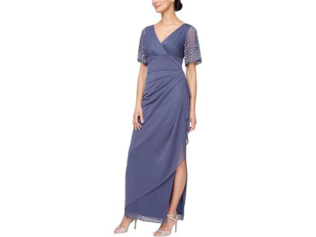 (取寄) アレックス イブニングス レディース ロング メッシュ ドレス ウィズ フラッター スリーブ Alex Evenings women Long Mesh Dress with Flutter Sleeves Violet