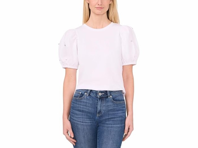 (取寄) シーシー レディース ラインストーン エンベリッシュ パフ スリーブ ニット トップ CeCe women CeCe Rhinestone Embellished Puff Sleeve Knit Top Ultra Whiteの通販は