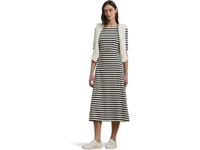 (取寄) ローレン ラルフローレン レディース ストライプド ストレッチ コットン ミディ ドレス Lauren Ralph Lauren women Striped Stretch Cotton Midi Dress Black/Mascarpone Cream
