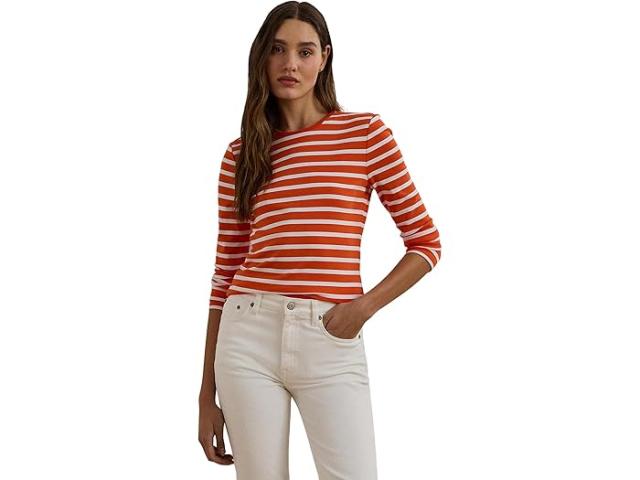 (取寄) ローレン ラルフローレン レディース ストライプド ストレッチ コットン クルーネック ティー Lauren Ralph Lauren women Striped Stretch Cotton Crewneck Tee Orange Lily/White 取寄) ローレン ラルフローレン レディース ストライプド ストレッチ