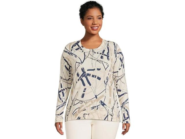 (取寄) ローレン ラルフローレン レディース プラス サイズ ベルティング-プリント コットンブレンド セーター Lauren Ralph Lauren women Plus Size Belting-Print Cotton-Blend Sweater Cream/Navy Multi