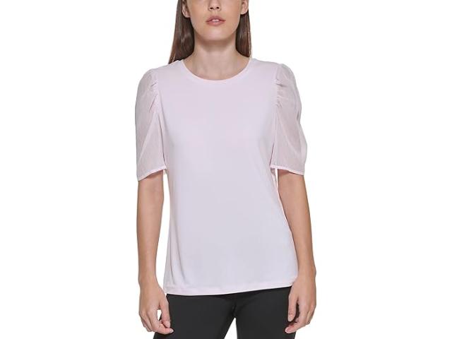 (取寄) ダナキャランニューヨーク レディース ミックスド メディア パフ ショート スリーブ トップ DKNY women Mixed Media Puff Short Sleeve Top Fresh Pink