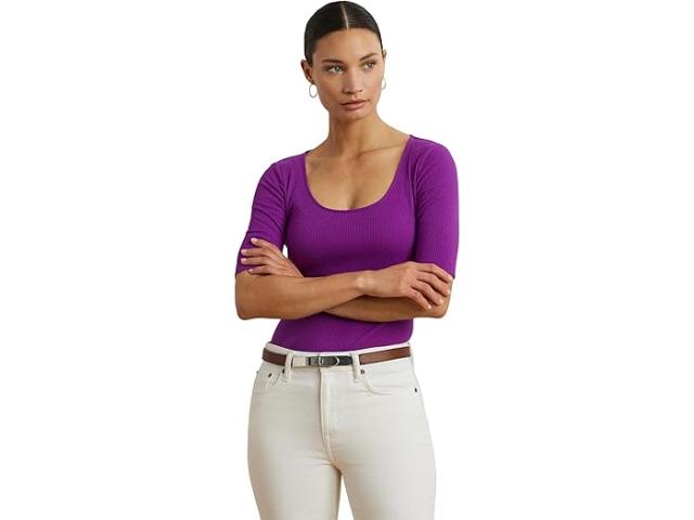 (取寄) ローレン ラルフローレン レディース リブ-ニット コットンブレンド エルボー-スリーブ ティー Lauren Ralph Lauren women Rib-Knit Cotton-Blend Elbow-Sleeve Tee Purple Dawn
