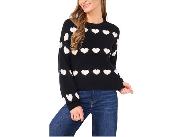 (取寄) シーシー レディース ハート ジャカード クルー ネック セーター CeCe women Heart Jacquard Crew Neck Sweater Rich Black