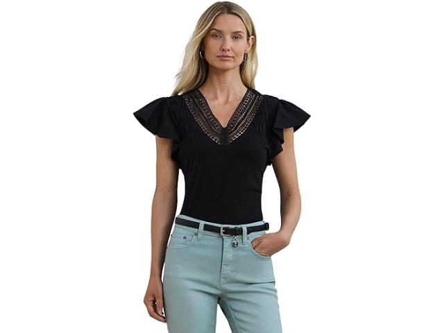 (取寄) ローレン ラルフローレン レディース レーストリム ジャージ フラッタースリーブ ティー Lauren Ralph Lauren women Lace-trim Jersey Flutter-sleeve Tee Black