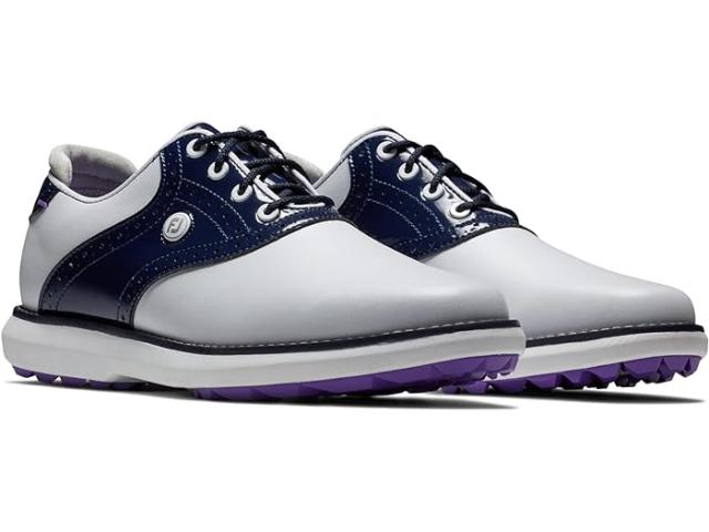 (取寄) フットジョイ レディース トラディションズ スパイクレス ゴルフ シューズ - プリビアス シーズン FootJoy women Traditions Spikeless Golf Shoes - Previous Season White/Navy/Purple