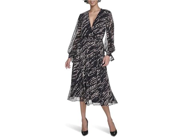 (取寄) カルバンクライン レディース ロング スリーブ シフォン シャツドレス   women Long Sleeve Chiffon Shirtdress Black Multi