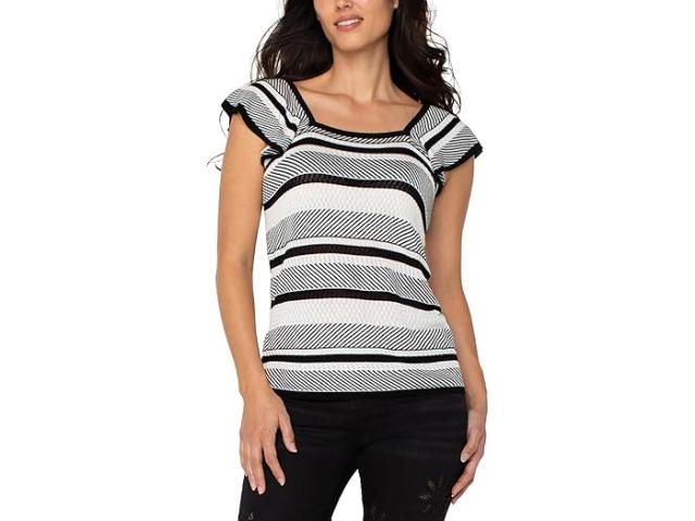 (取寄) リバプールロサンゼルス レディース ラッフル スリーブ スクエア ネック セーター トップ Liverpool Los Angeles women Ruffle Sleeve Square Neck Sweater Top Black/White Stripe