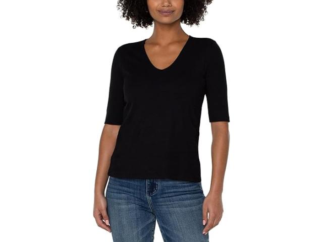 (取寄) リバプールロサンゼルス レディース ダブル レイヤー V-ネック 1/2 スリーブ リブ ニット トップ Liverpool Los Angeles women Liverpool Los Angeles Double Layer V-Neck 1/2 Sleeve Rib Knit Top Black