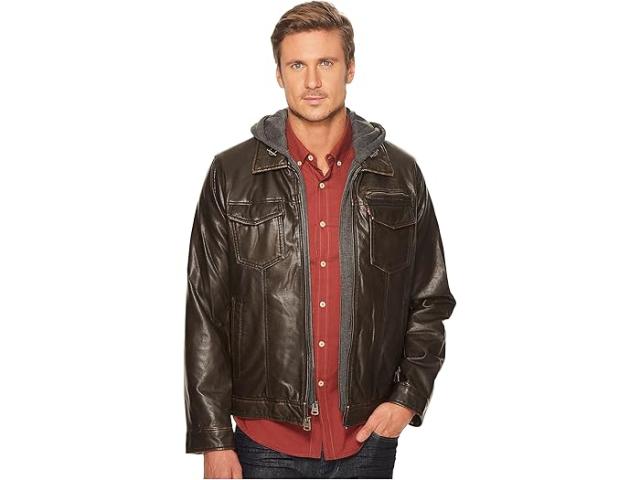 (取寄) リーバイス メンズ フォー-レザー トラッカー ウィズ ジャージ フード アンド フリース ライニング Levi's men Faux-Leather Trucker with Jersey Hood and Fleece Lining Dark Brownの通販は