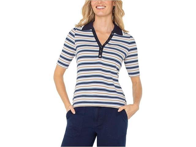 (取寄) リバプールロサンゼルス レディース シャード ハーフ スリーブ カラード ヘンリー ニット トップ Liverpool Los Angeles women Shirred Half Sleeve Collared Henley Knit Top Blue Multi Stripe