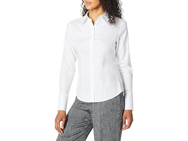 (取寄) カルバンクライン レディース ロング スリーブ リンクル フリー ボタン ダウン ブラウザ   women Long Sleeve Wrinkle Free Button Down Blouse White