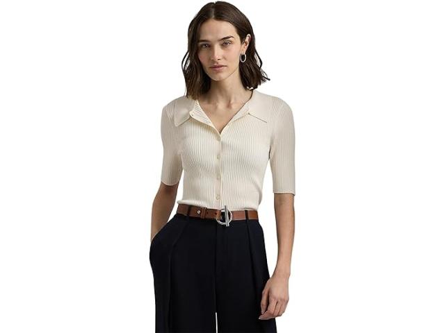 (取寄) ローレン ラルフローレン レディース リブ-ニット エルボー-スリーブ ポロ カーディガン Lauren Ralph Lauren women Rib-Knit Elbow-Sleeve Polo Cardigan Off-Whiteの通販は 23,097円