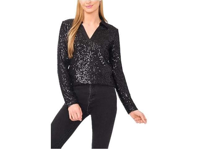 (取寄) シーシー レディース ロング スリーブ シークイン ポロ トップ CeCe women Long Sleeve Sequin Polo Top Rich Black
