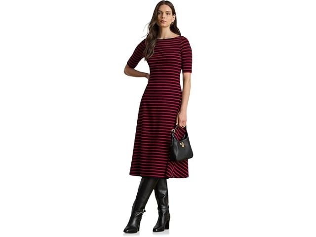 (取寄) ローレン ラルフローレン レディース ストライプド ストレッチ コットン ミディ ドレス Lauren Ralph Lauren women Striped Stretch Cotton Midi Dress Black/Ralph Red