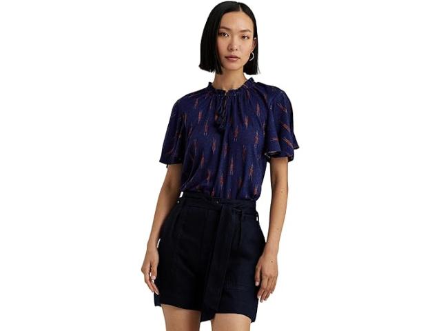 (取寄) ローレン ラルフローレン レディース ゲオ プリント ジャージ タイ ネック トップ Lauren Ralph Lauren women Geo Print Jersey Tie Neck Top Navy Multiの通販は